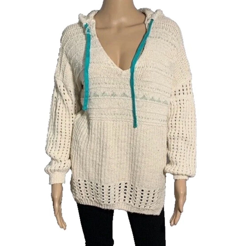 Free People One that I Want Hoodie Oversized Crochet Sweater Sz XS Boho Comfy